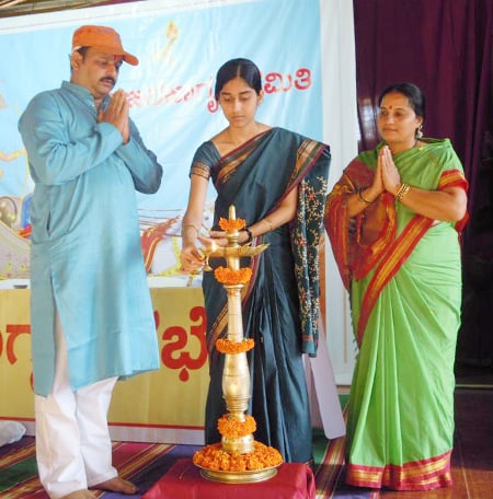 Inauguration of Hindu Dharmajagruti Sabha by lghting a Samai (an oil lamp)